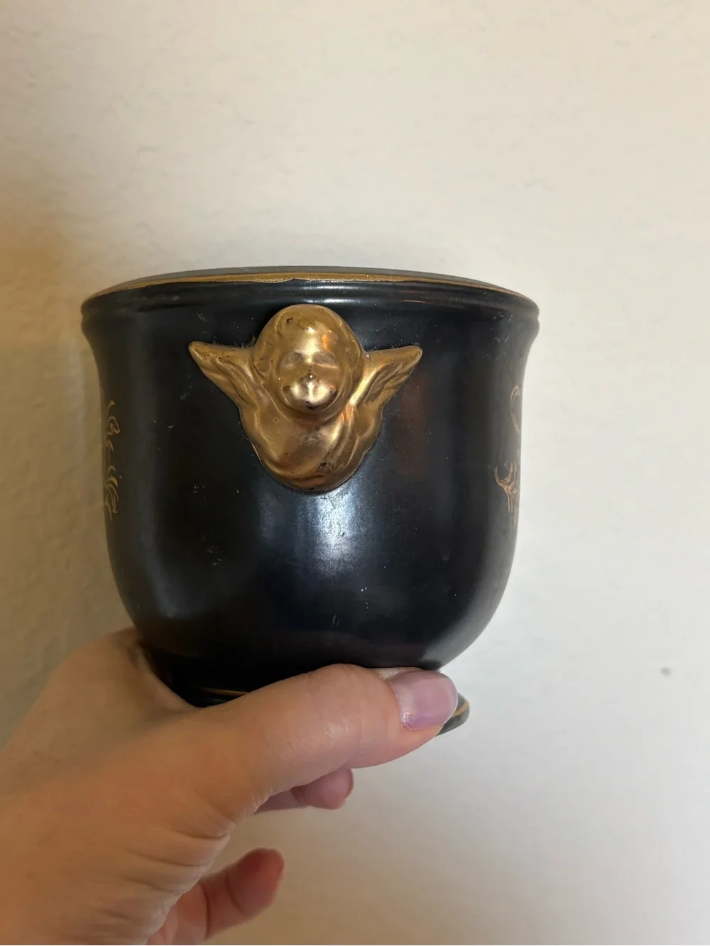 Vintage Lenwile Ardalt Black and Gold Ceramic Planter with Cherub Detailing